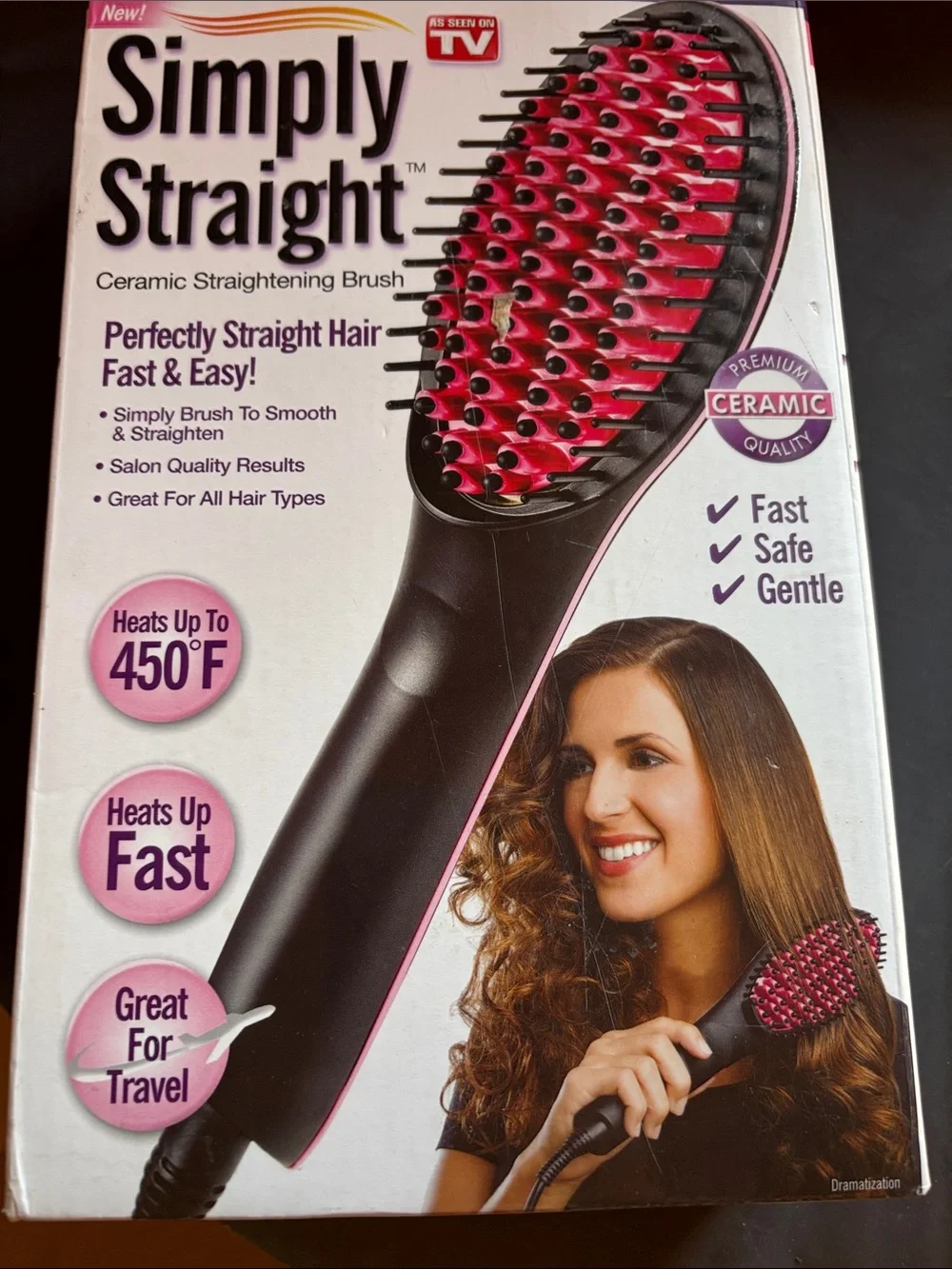 Simply Straight Ceramic Hair Straightening Brush — Black with Pink Accents